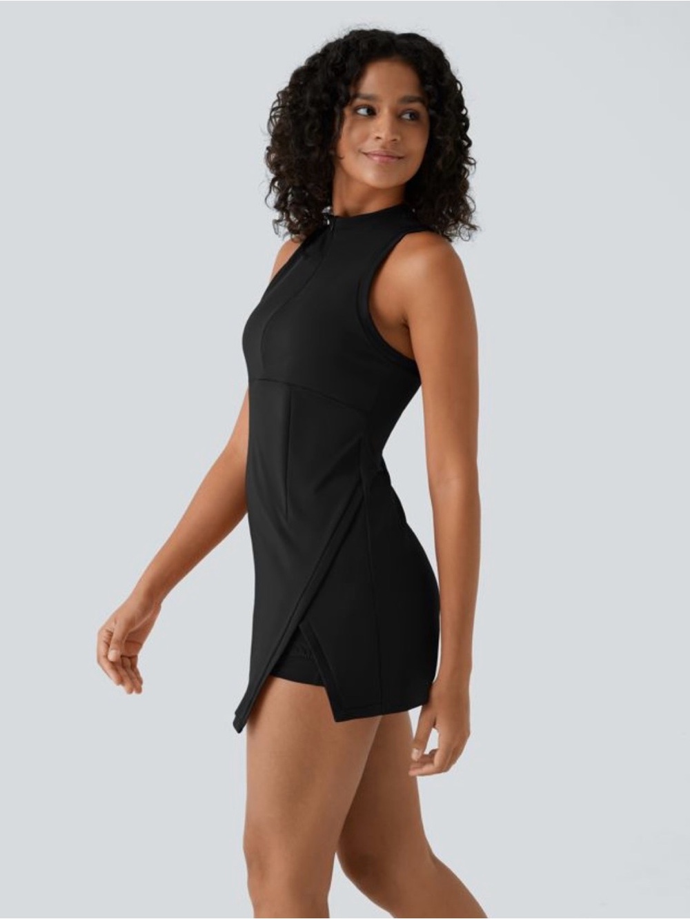 HALARA Black Sleeveless Zip-Front Tennis Dress